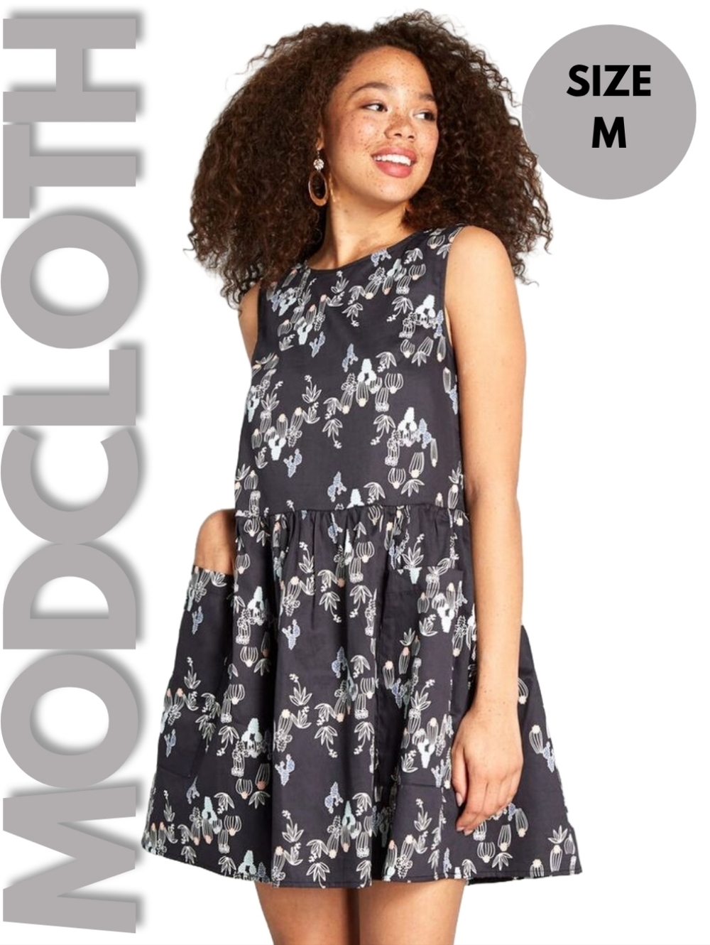 ModCloth Bold Notion Sleeveless Cactus Print Smock Dress